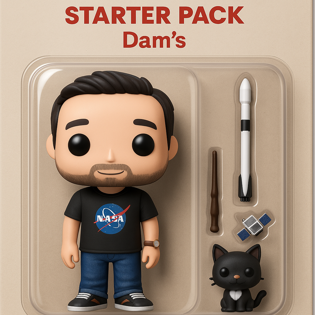Starter pack de Damien : t-shirt NASA, fusée, satellite et chat noir